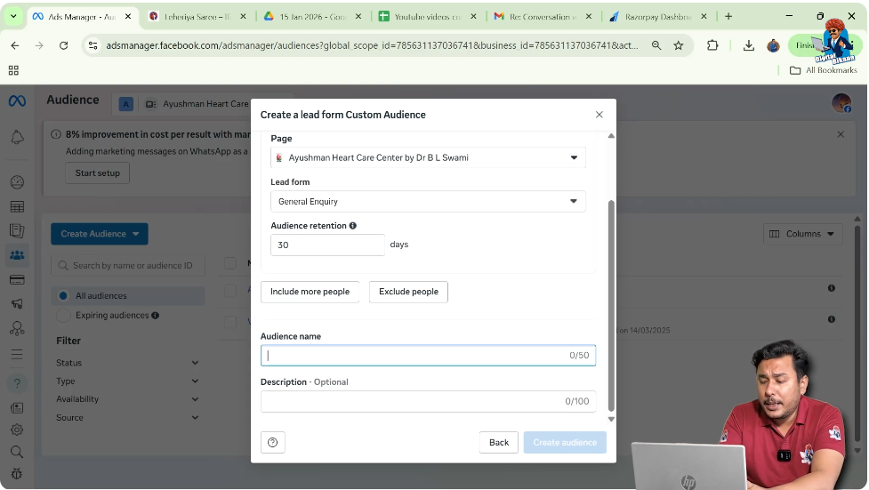 Enter custom audience name for lead form audience in Facebook Ads Manager
