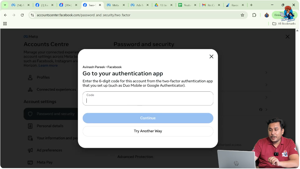 Enter two-factor authentication code to verify Facebook account security