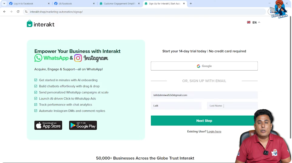 Entering work email, first name, and last name on Interakt signup page