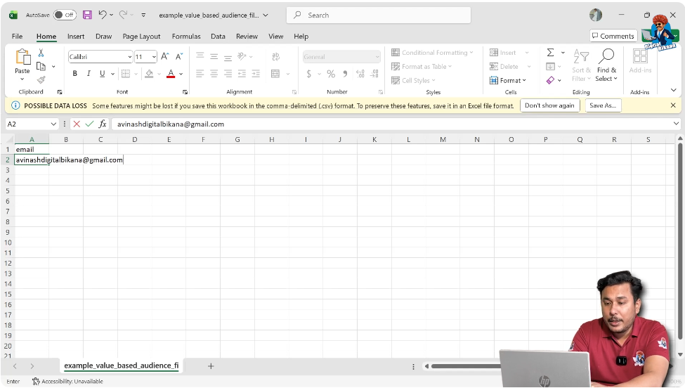 Enter customer or prospect email IDs in Excel file for Facebook ads retargeting