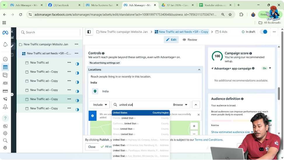 Enter United States in location targeting to run Facebook ads in USA from India