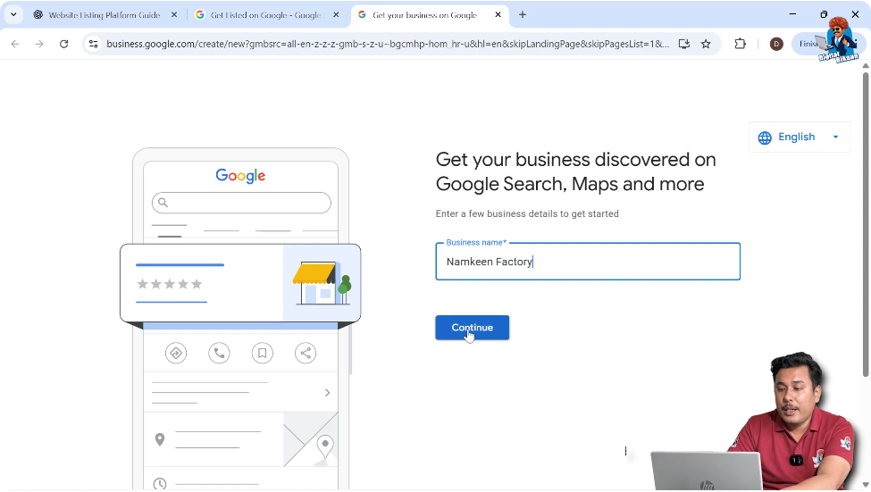 Entering business name while creating a Google My Business listing profile