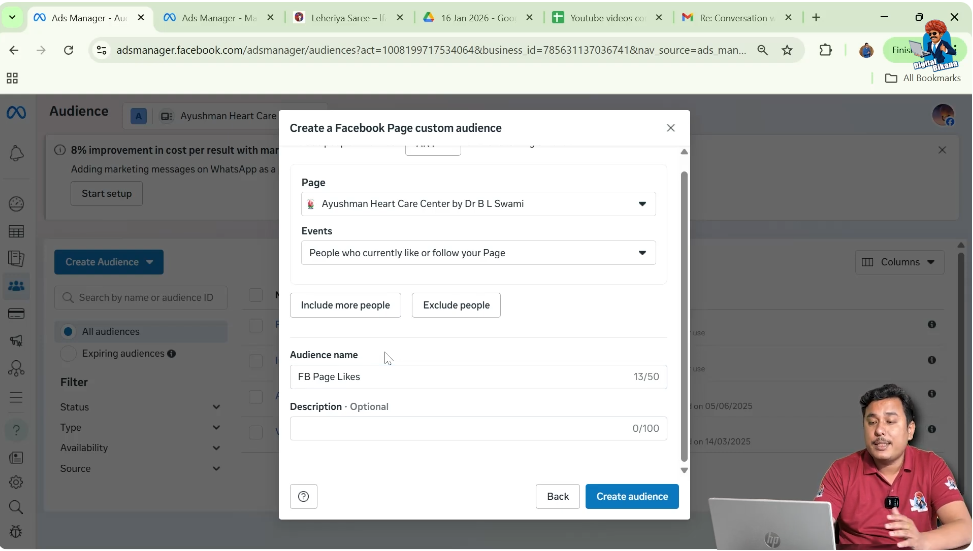 Entering custom audience name for Facebook page likes audience