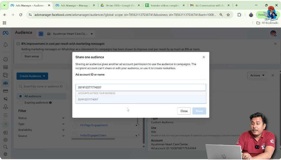 Entering target ad account ID in share custom audience popup window