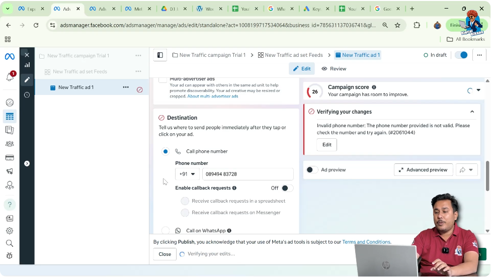 Adding phone number for call ad in Meta Ads Manager