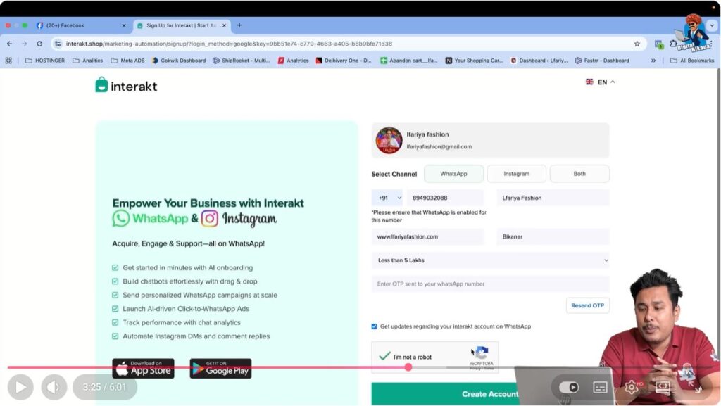 Filling business name, website, city, and revenue details in Interakt signup form