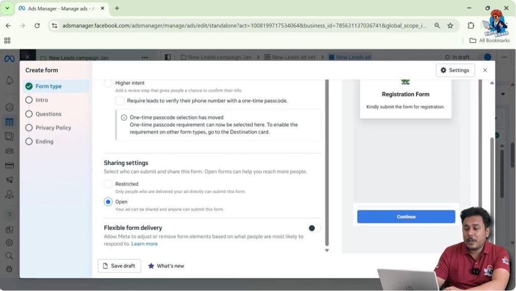 Configuring form sharing settings and turning off flexible delivery in Facebook lead form