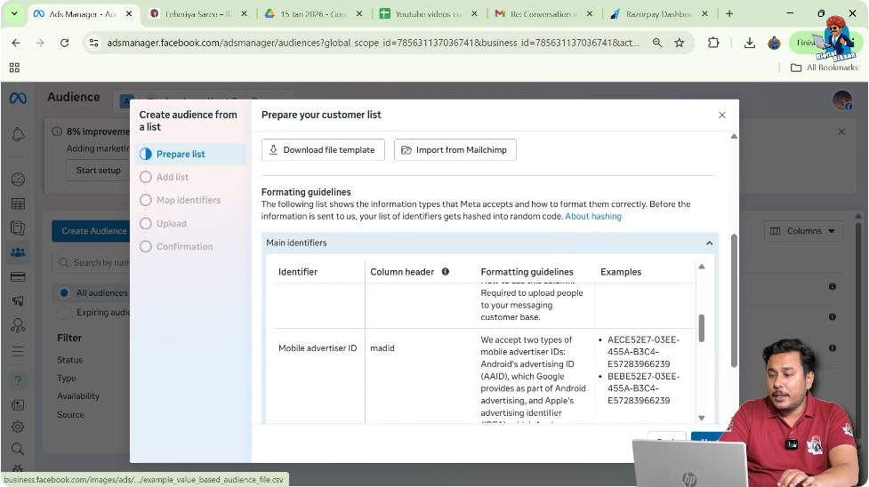 Return to Facebook Ads Manager after preparing email list custom audience file