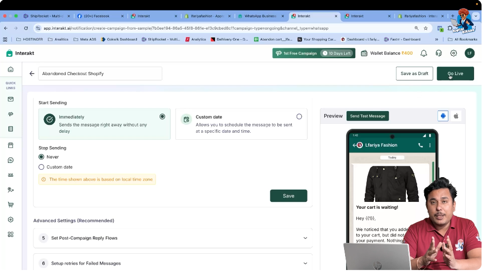 Activating and going live with the abandoned cart campaign in WhatsApp Business API using Interakt.