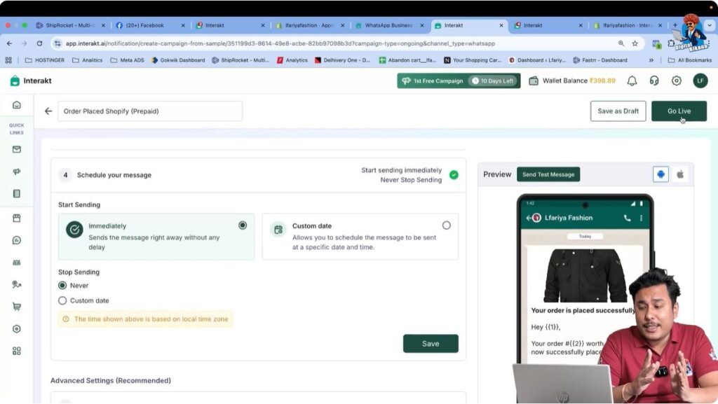 Go live with the prepaid order placed campaign to send automatic messages using WhatsApp Business API