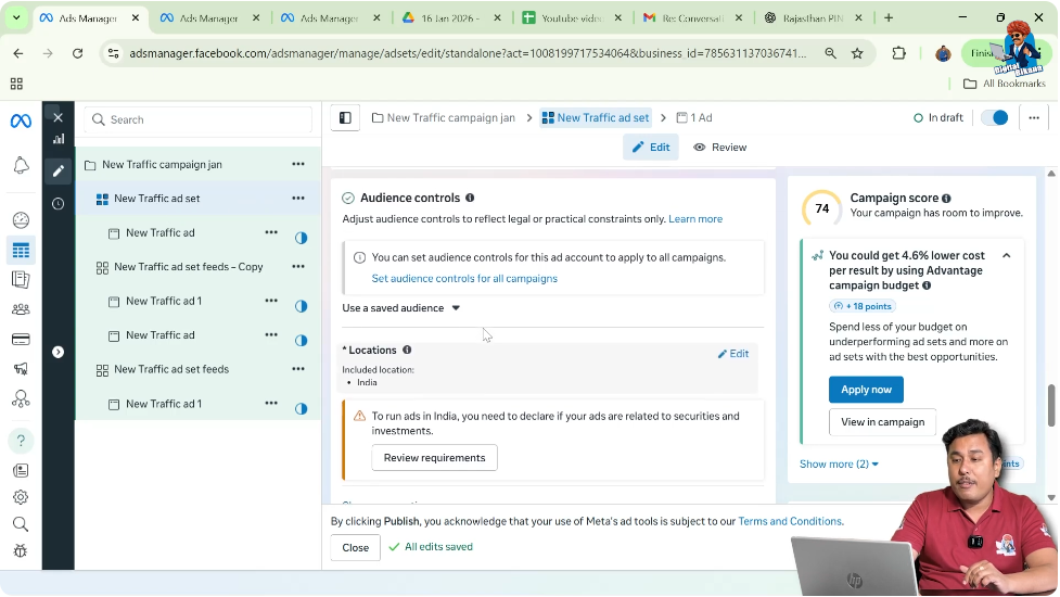 Opening ad set level in Facebook Ads Manager to add multiple locations