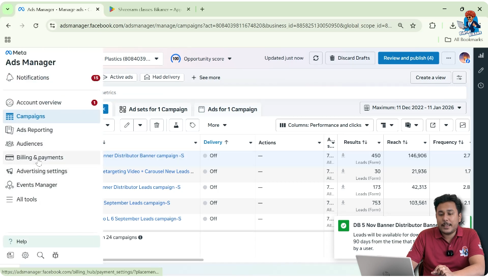 Navigate to Billing and Payments section in Facebook Ads Manager