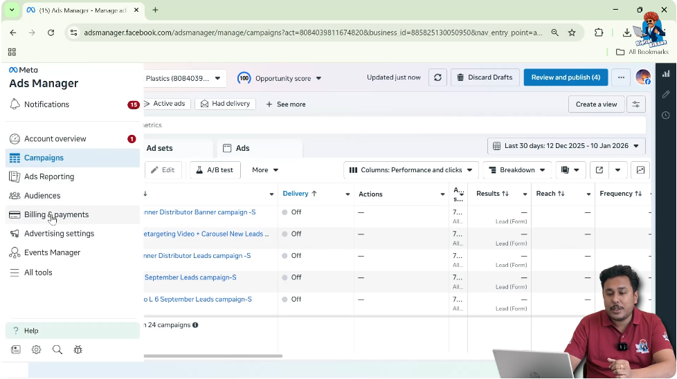 Navigate to Billing and Payments section inside Facebook Ads Manager