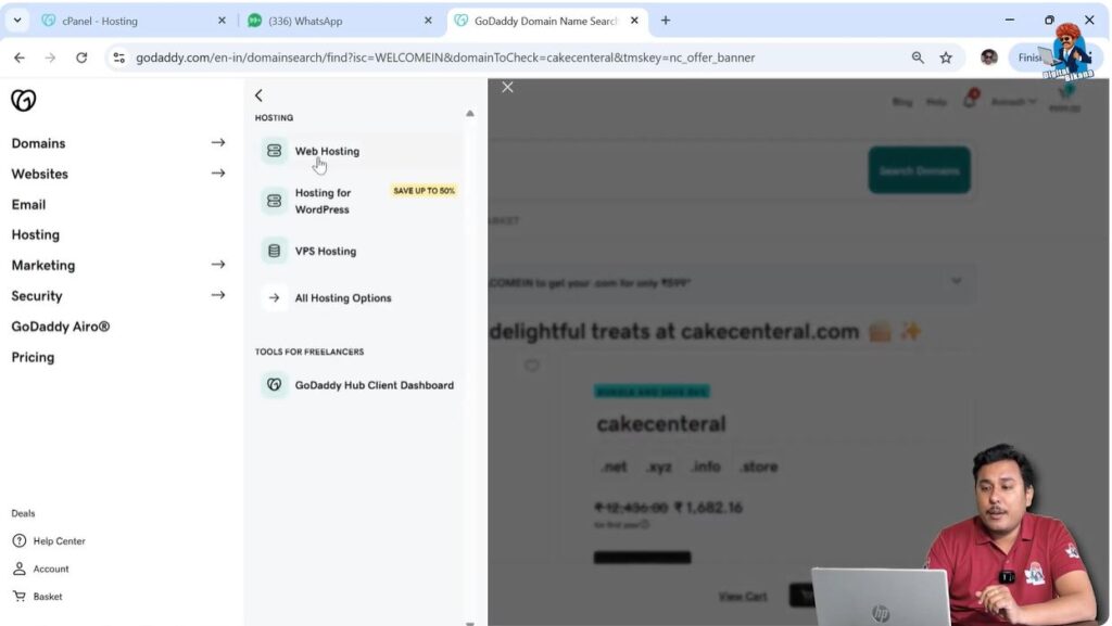Navigating to web hosting plans section on GoDaddy website