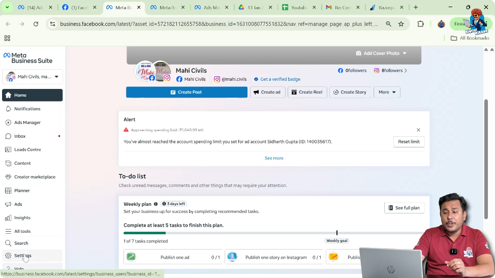 Open settings in Meta Business Suite to verify business email address