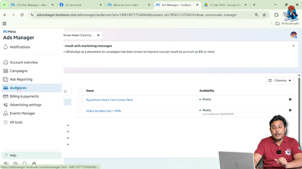 Clicking on Audiences option in Meta Ads Manager left sidebar
