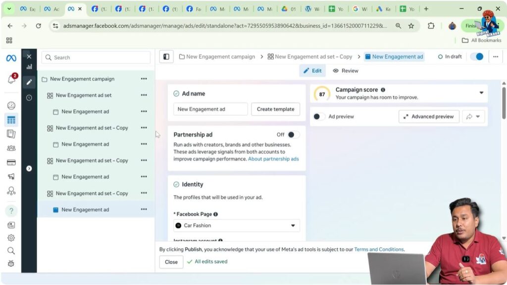 Multiple ad sets visible inside a single Meta ad campaign