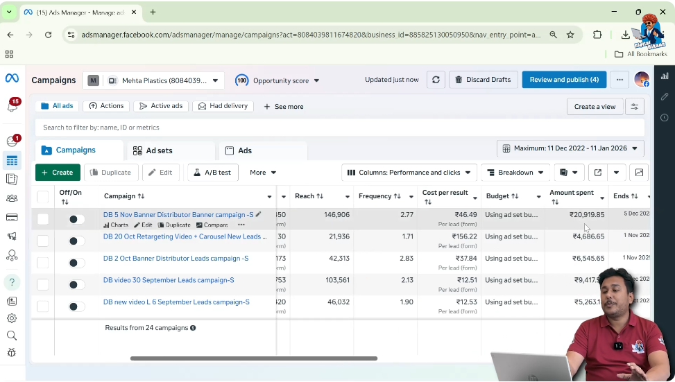 Viewing total ad spend in Facebook Ads Manager for frequency calculation