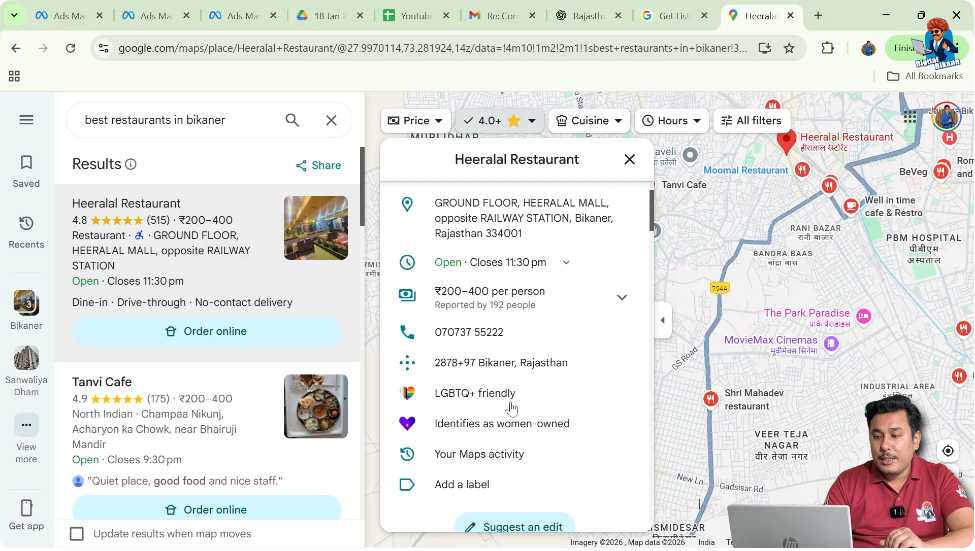 Business information displayed on Google Maps listing panel