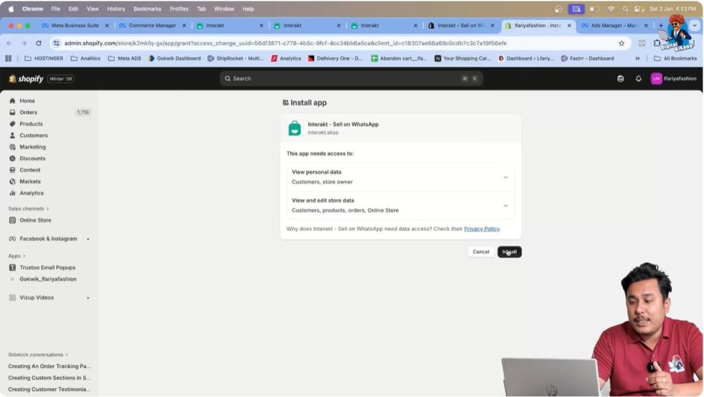 Installing Interakt Sell on WhatsApp app inside Shopify admin dashboard for WhatsApp API catalog sync