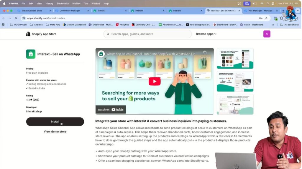 Installing Interakt Sell on WhatsApp app inside Shopify admin dashboard for WhatsApp API catalog sync