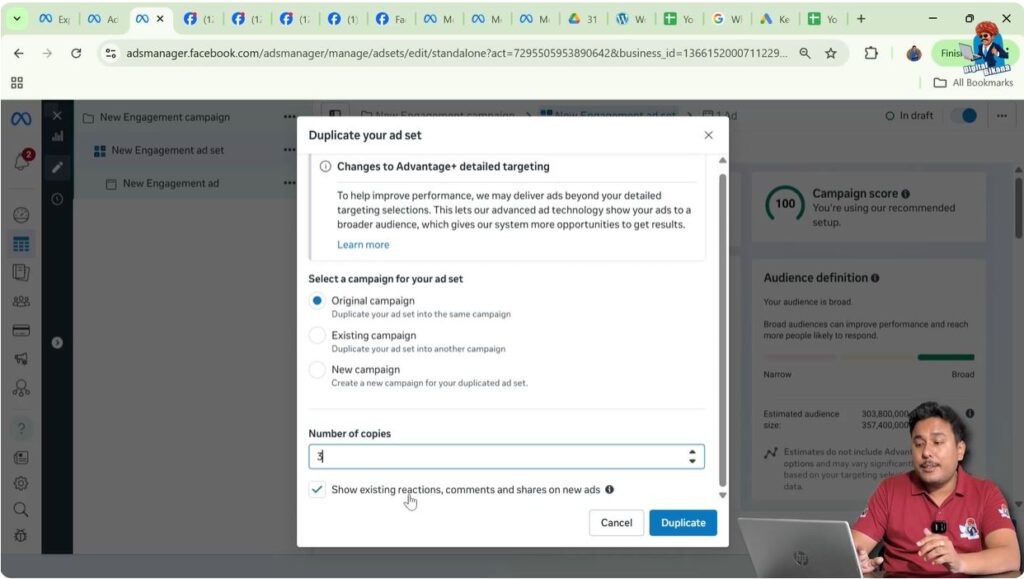 Option to keep existing reactions and engagement while duplicating ad sets