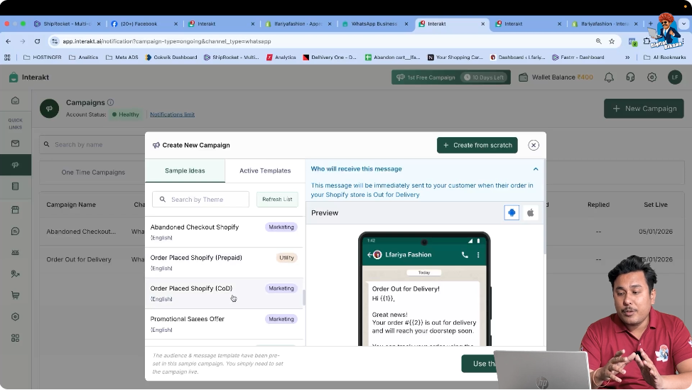 Locate Order Placed Shopify COD campaign template inside Interakt for WhatsApp Business API automation.