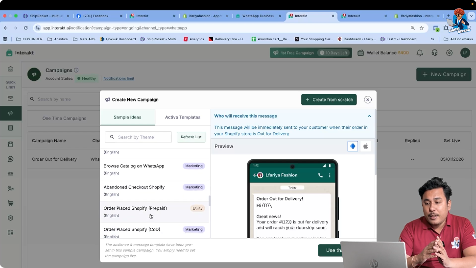 Selecting the Abandoned Checkout Shopify campaign template inside Interakt for WhatsApp Business API automation