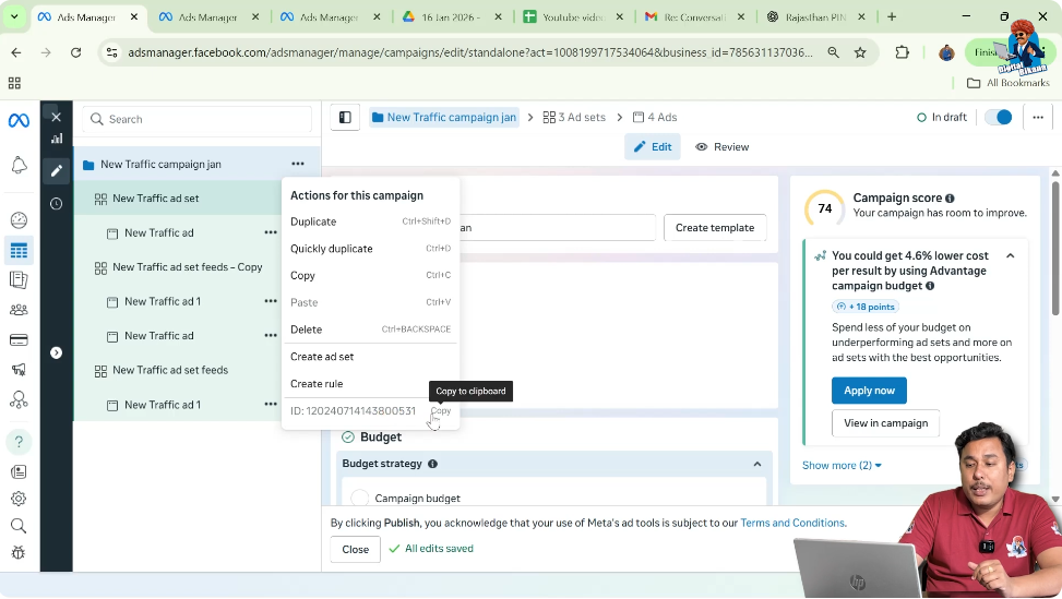 Viewing campaign ID by clicking three dots in Facebook Ads Manager campaign level