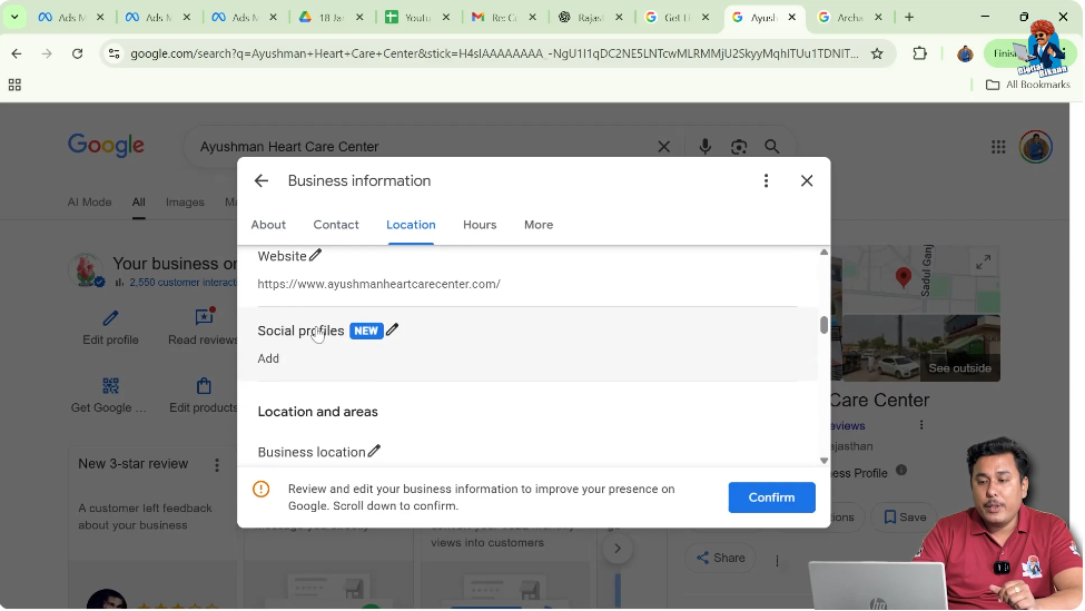 Scrolling to find social profile section in Google My Business profile settings