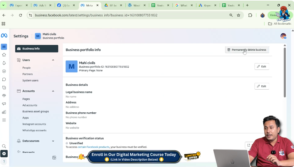 Permanently delete business option in Meta Business Suite