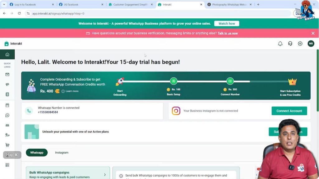 Logging in to Interakt dashboard for WhatsApp Business API automation setup