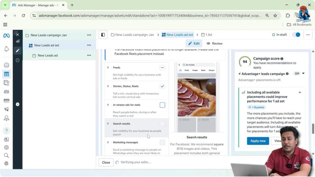Choosing manual placements like feeds, stories, and reels in Facebook lead ads setup