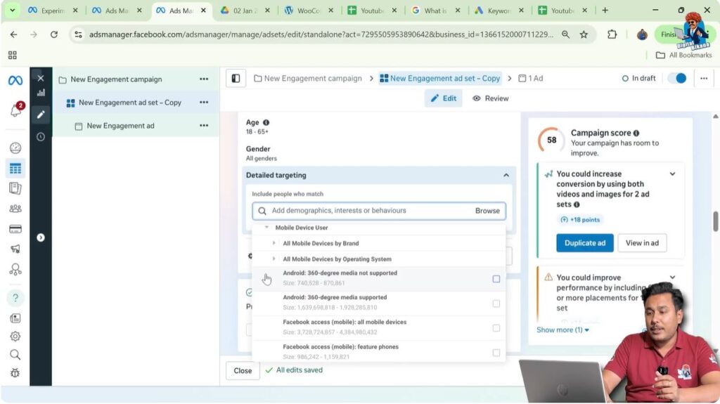 Mobile device web brand and OS behavior targeting in Meta Ads Manager