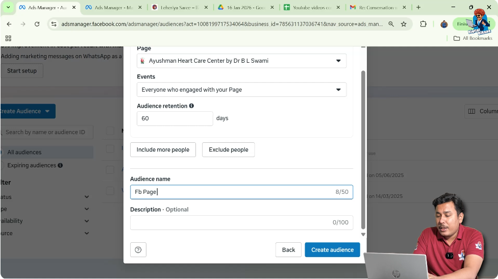 Entering custom audience name for Facebook page engagement audience