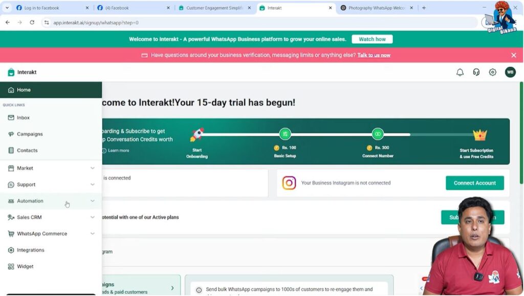 Opening Automation section from left menu in Interakt dashboard