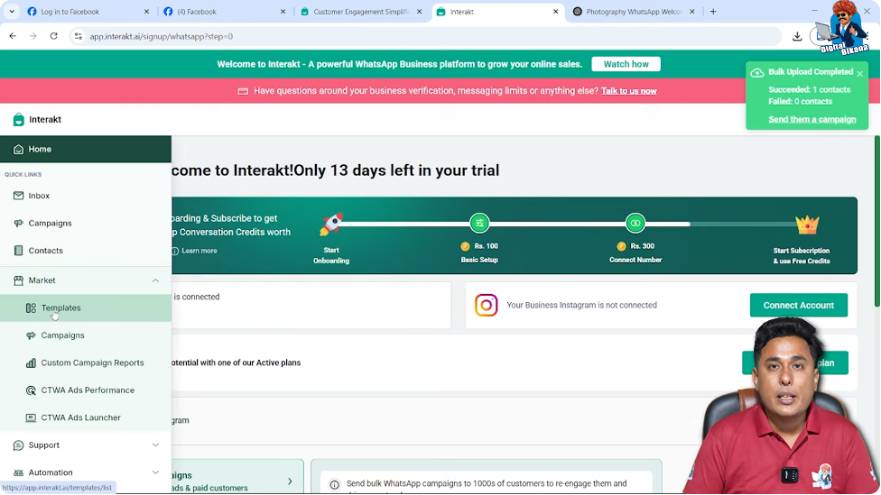 Navigate to Market and Templates section in Interakt for WhatsApp Business API marketing template