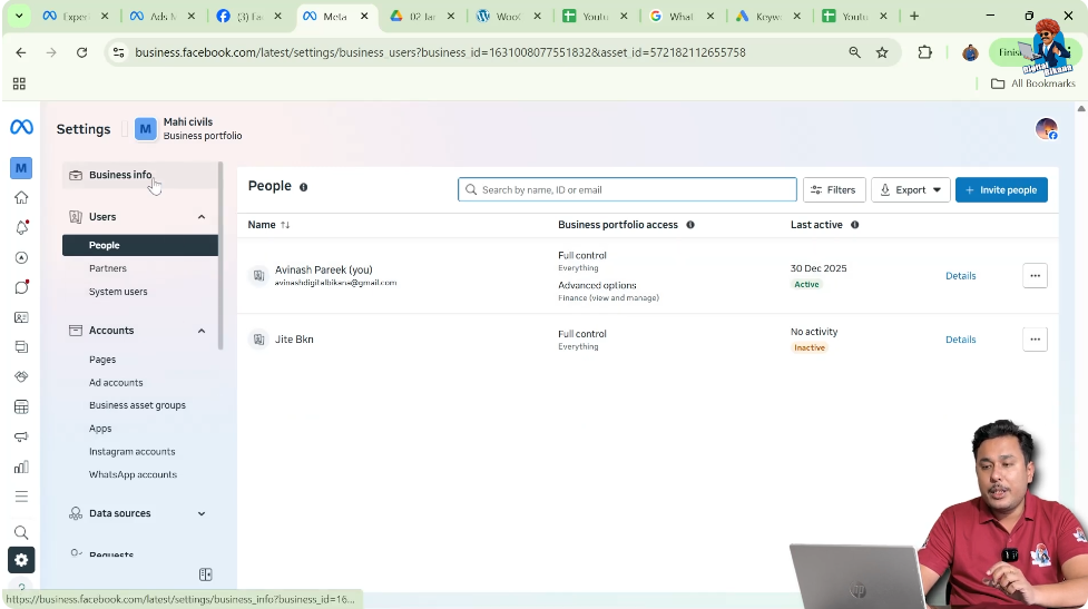 Business info section in Meta Business Suite settings