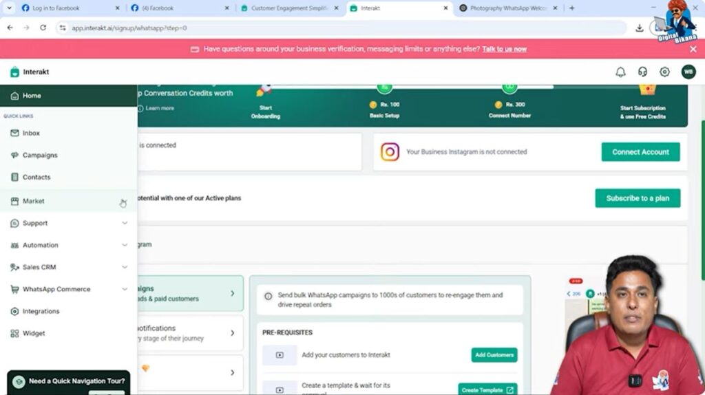 Navigating to Market option in Interakt to start WhatsApp Business API campaign
