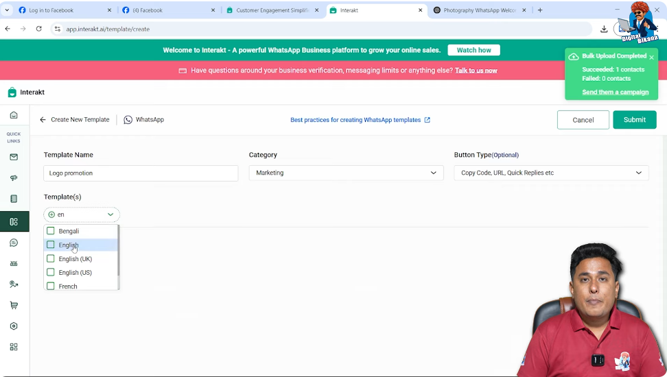 Create new marketing template in WhatsApp Business API using Interakt dashboard