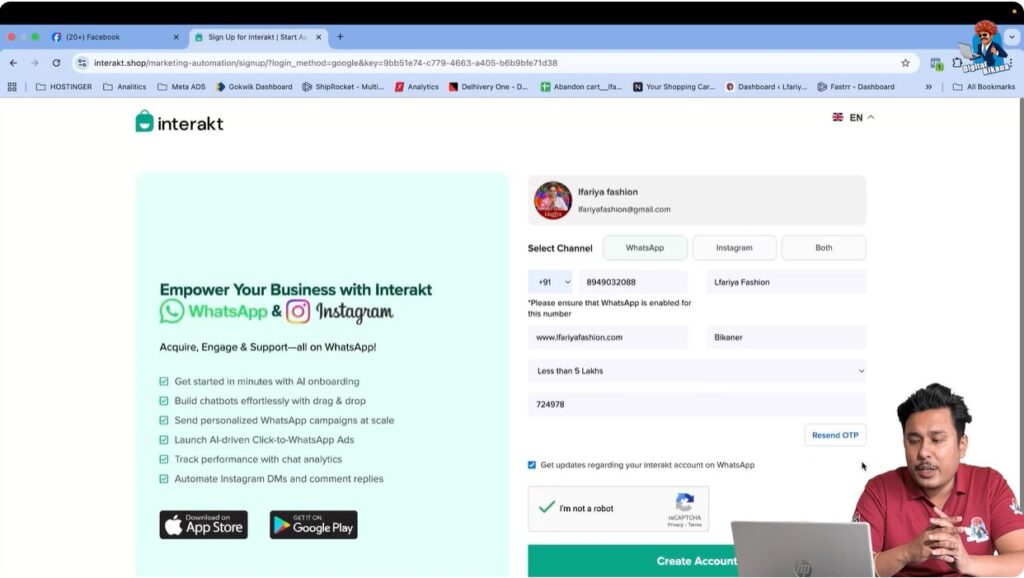 Verifying phone number using OTP during WhatsApp Business API signup on Interakt