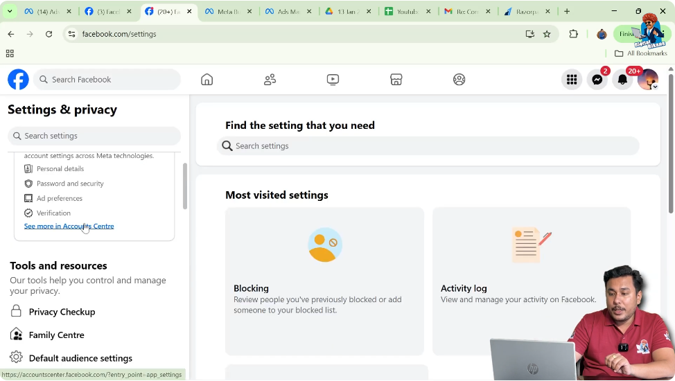 Open account center in Facebook settings for security and authentication setup