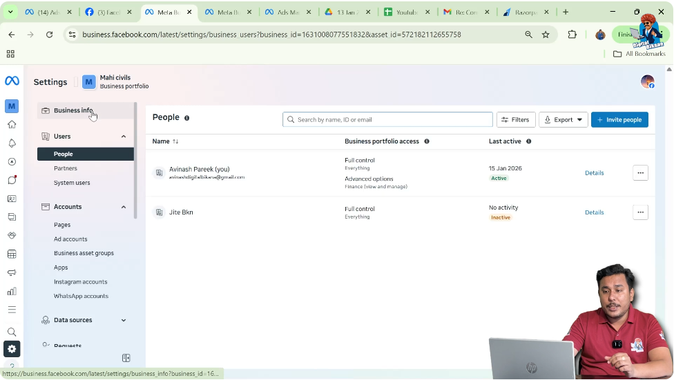 Open business info section in Meta Business Suite to add business email