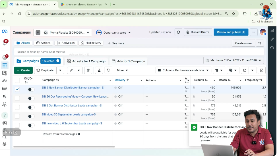 Open Facebook Ads Manager dashboard to manage campaigns and billing settings