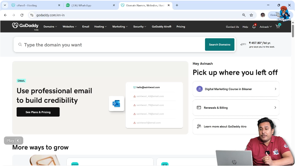 Opening GoDaddy homepage to start domain name purchase