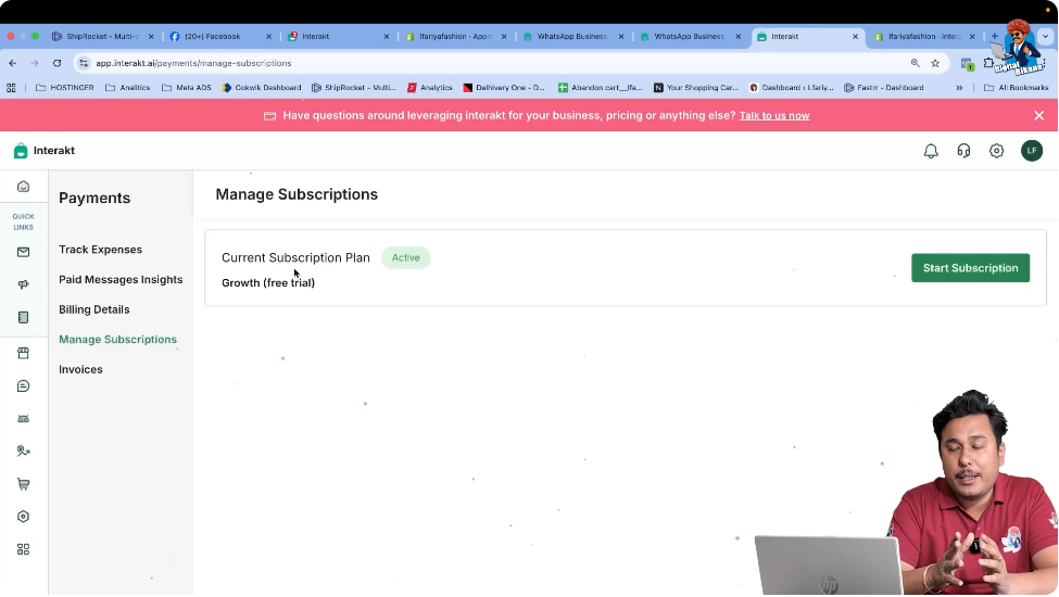 Open Manage Subscription in Interakt dashboard to start WhatsApp Business API subscription process