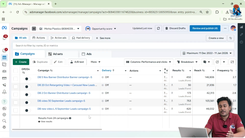 Open Meta Ads Manager dashboard to analyze Facebook ad campaign performance metrics.