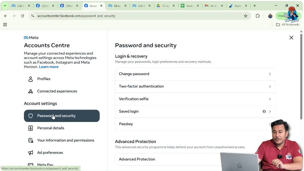 Open password and security section to manage two-step authentication in Facebook