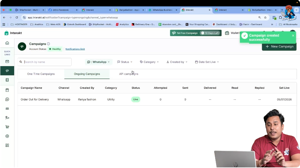 Opening the Campaign section in Interakt dashboard to create abandoned cart automation using WhatsApp Business API
