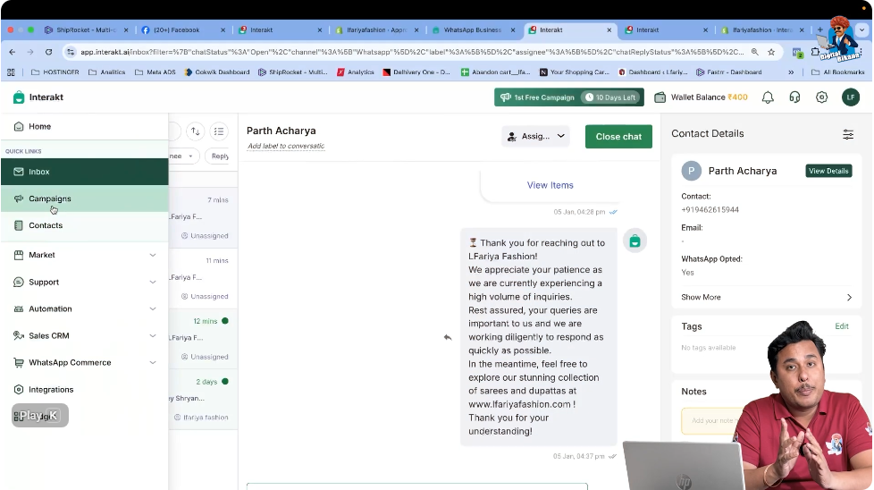 Campaigns Section in Interakt dashboard to create an Order Out for Delivery campaign using WhatsApp Business API.